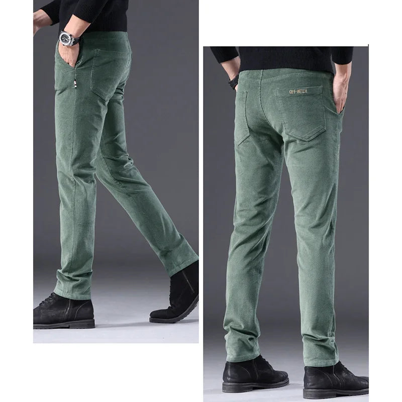 Men's Solid Straight Leg Corduroy Fabric Casual Pants Male Army-green Coffee Office Pants Stylish Youth Autumn Winter Trousers
