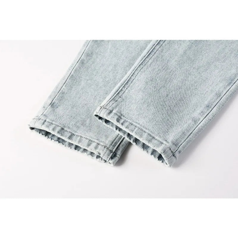 2026 New Men Jeans Fashion Trends Distressed Rose Embroidered Logo Stretch Skinny Button Jeans Pants