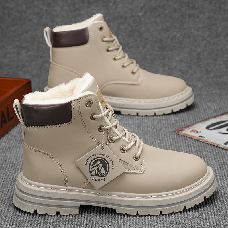Men's High-Top Boots with Plush Lining, Thick and Warm Interior for Cold Weather Protection, Thick Non-Slip and Wear-Resistant Soles, Rugged Workwear Style, Warm and Stylish for Autumn and Winter Outings, Suitable for Various