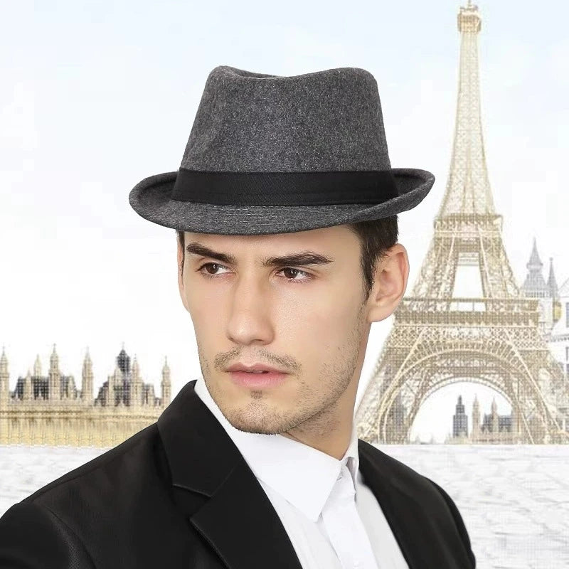 Hat for Men New Autumn Winter Style British Style Men's Jazz Hat Simple Plain Woolen Hat Middle-Aged and Elderly Gentleman's Hat