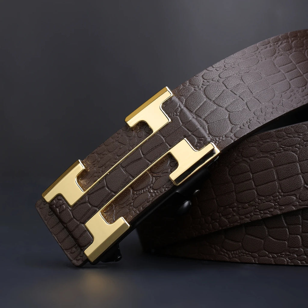 Men's Fashionable Work Business Belt with Metal Automatic Buckle Durable Everyday Use Design Perfect Gift Choice