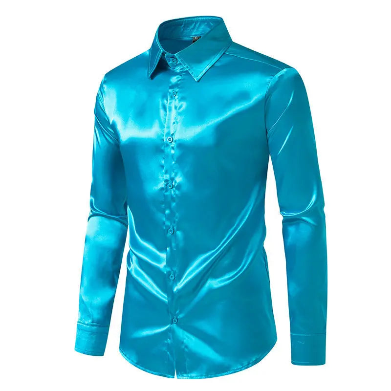 Bright face shirt, men's long sleeved autumn and winter men's clothing, satin nightclub style, solid color trend, men's trend