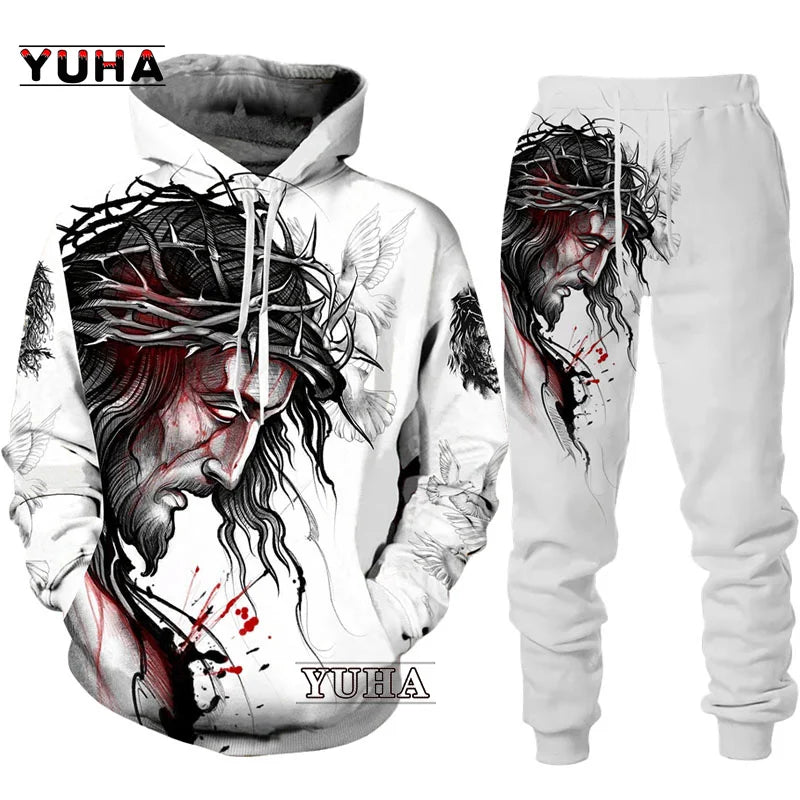 Two Piece Set Christian Bible Faith Jesus God Men's Hoodie/Suit Cool 3D Lion Printed Streetwear Couple Clothes Jogging Tracksuit