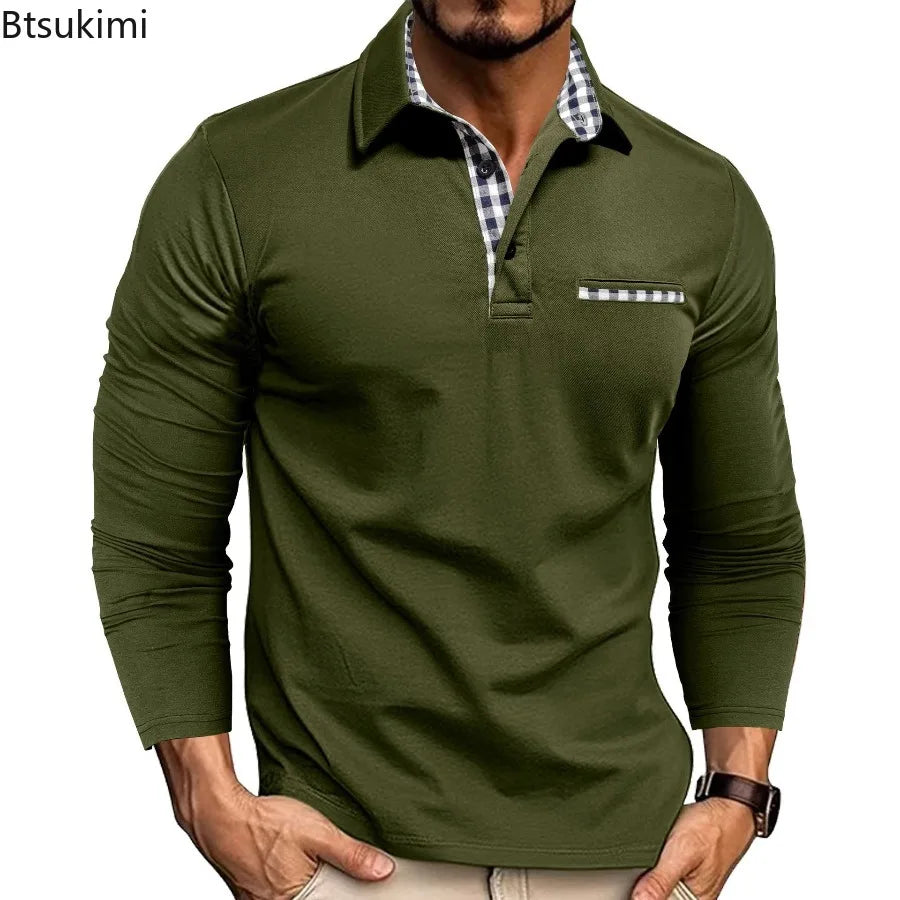 2026 New Men's Long Sleeve Polo Shirts Spring Autumn Casual Slim Fit Turn Down Collar Top High Quality Fashion Tops Male Tees
