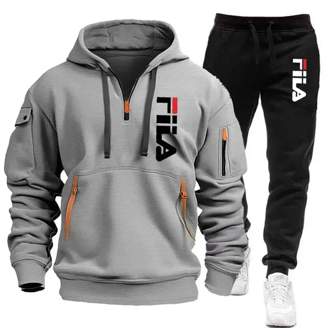 2026 Autumn and winter new men's multi pocket zipper hooded sports shirt+pants two-piece set, men's casual pullover sports set