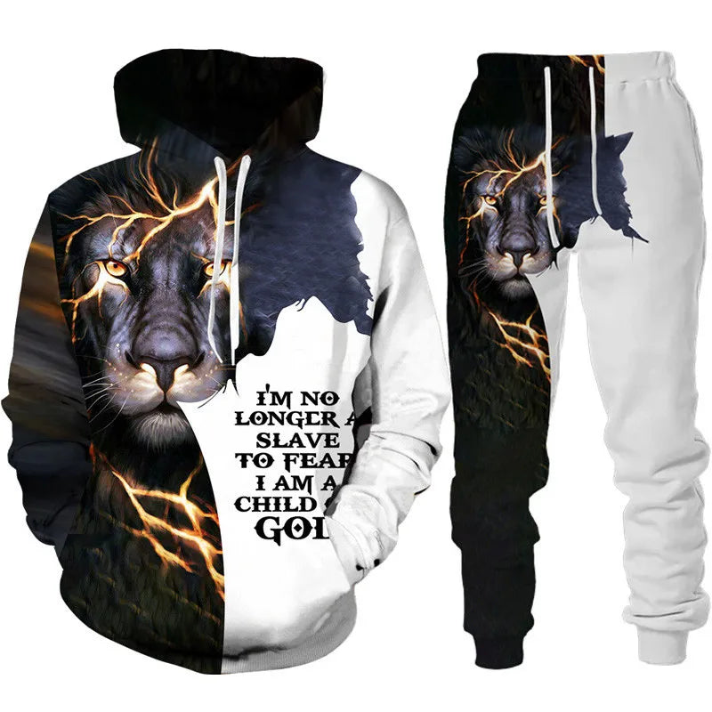 Two Piece Set Christian Bible Faith Jesus God Men's Hoodie/Suit Cool 3D Lion Printed Streetwear Couple Clothes Jogging Tracksuit