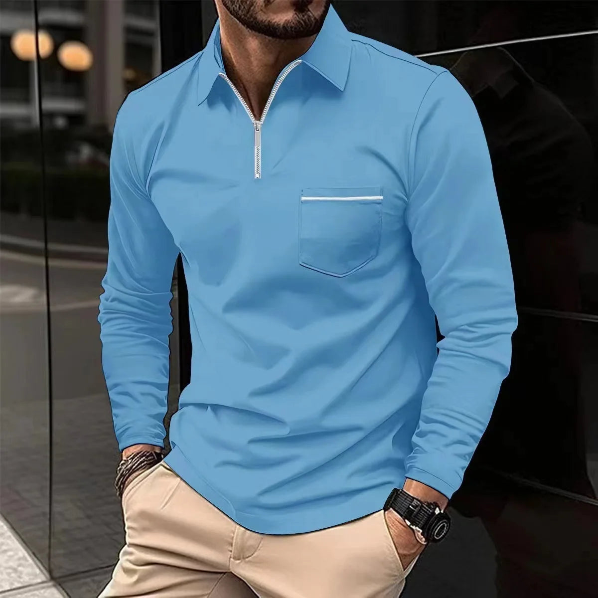 Men Long Sleeve Polo Shirt With Zipper Pocket Lapel Solid Color Casual Sports Tops Spring Autumn European American Male Clothing