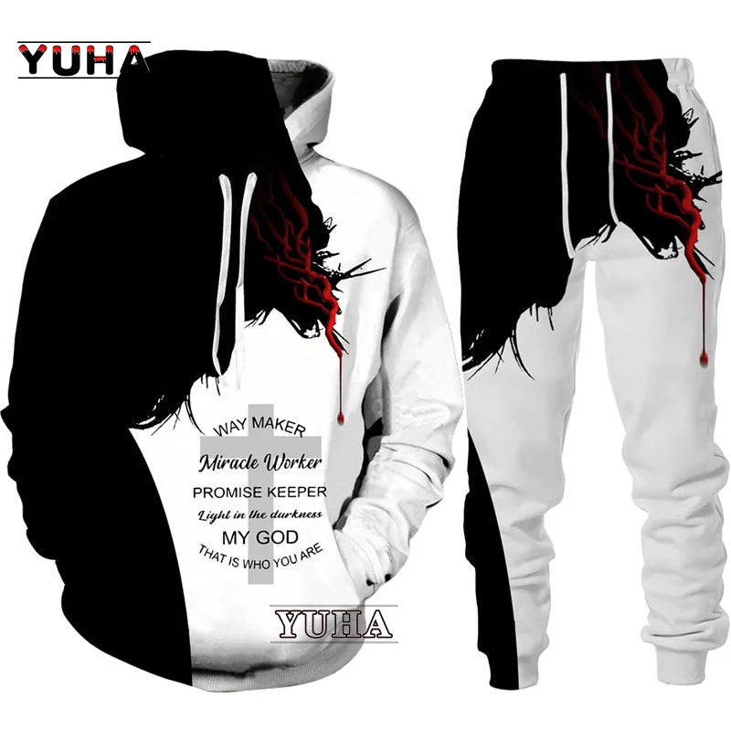 Two Piece Set Christian Bible Faith Jesus God Men's Hoodie/Suit Cool 3D Lion Printed Streetwear Couple Clothes Jogging Tracksuit