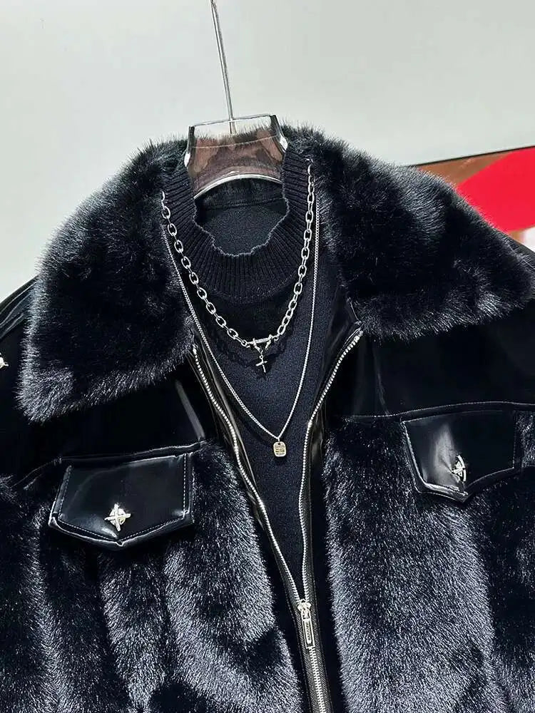 PFHQ Fashionable Patchwork Men's Parka Jacket Cotton Faux Mink Fur Thickened Autumn Winter 2024 Solid Color Warm Tops 21Z7717