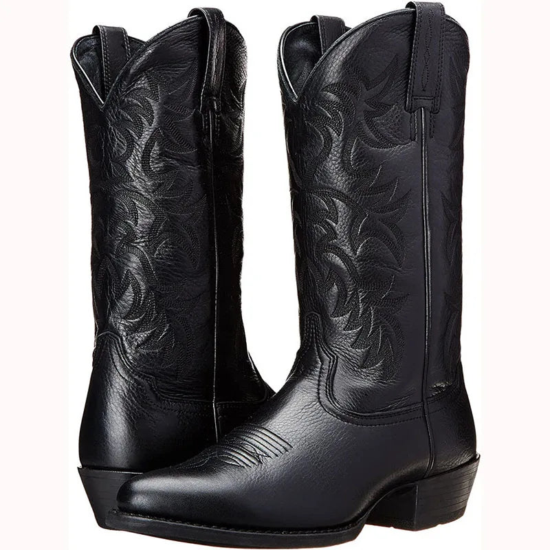Men Boot 2025 Mid Calf Western Cowboy Motorcycle Boots Male Autumn Outdoor PU Leather Totem Med Heel Fashion Designed Men Boots