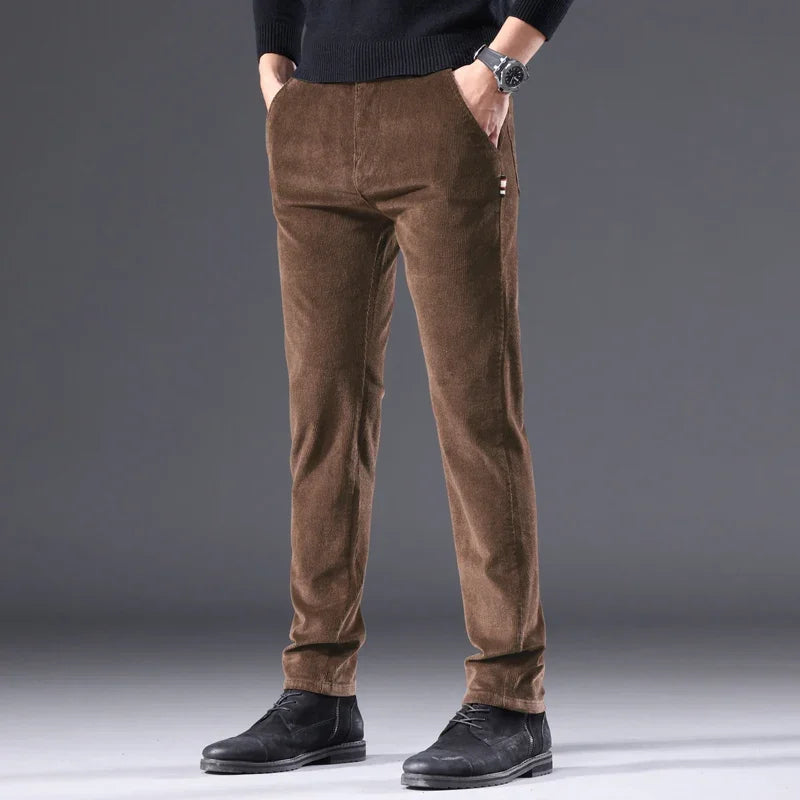 Men's Solid Straight Leg Corduroy Fabric Casual Pants Male Army-green Coffee Office Pants Stylish Youth Autumn Winter Trousers