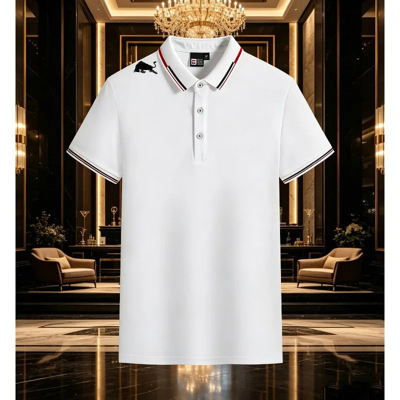 Men Black Polo Shirts Red White Striped Collar Cuff With Shoulder Bull Print Breathable Golf Tops