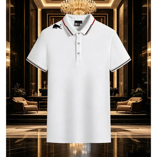 Men Black Polo Shirts Red White Striped Collar Cuff With Shoulder Bull Print Breathable Golf Tops