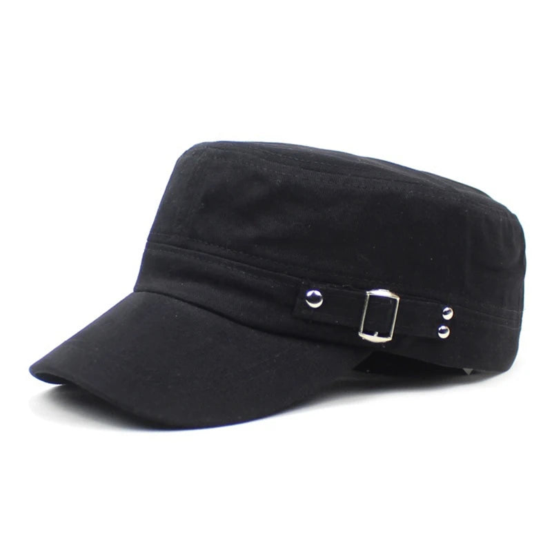 Men's Military Hat Spring/Summer Solid Color Cotton Flat Top Baseball Cap Side Button Duck Tongue Hat Sunscreen Sports Hat