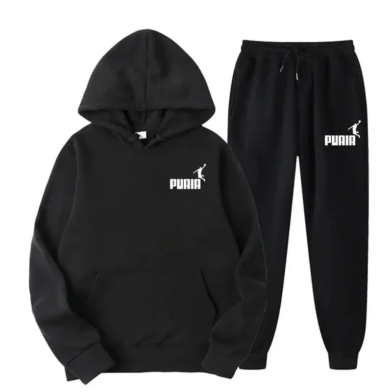 Autumn and winter new men's sportswear set, outdoor cycling windproof and warm men's hooded sweatshirt + pants 2-piece set