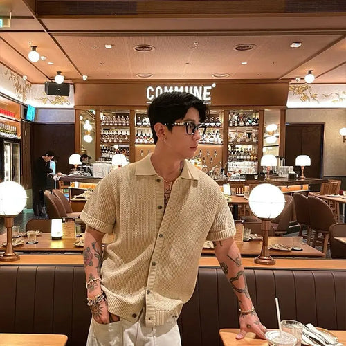 Men's Vintage Knitted Polo Shirt 2025 Summer Short Sleeve Cotton-Blend Breathable Old Money Style Luxury Texture Top