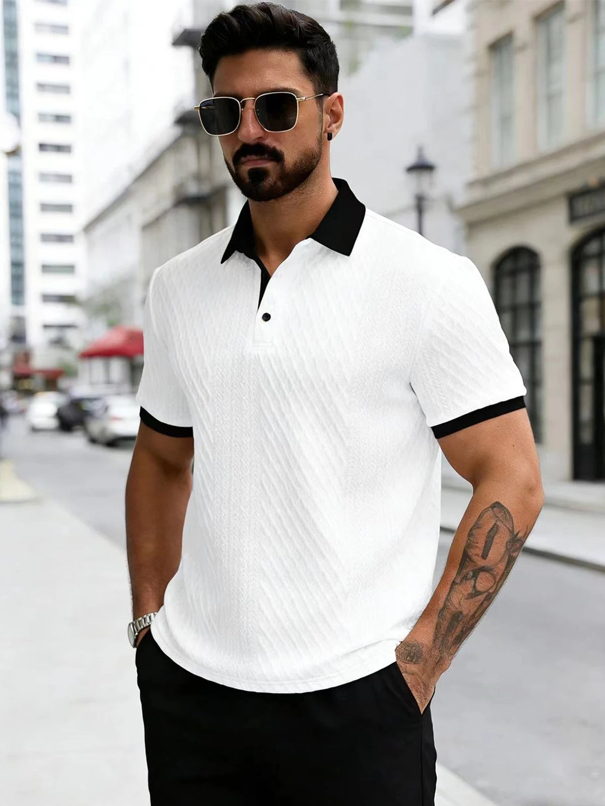 Men's Casual Polo Shirt — Knitted with Slight Stretch | Italian-Inspired Openwork Print Design | Simple Solid Color | Soft & Com