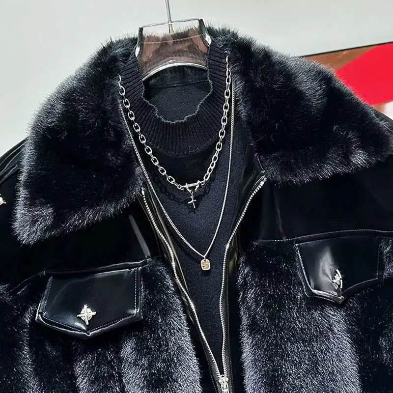 PFHQ Fashionable Patchwork Men's Parka Jacket Cotton Faux Mink Fur Thickened Autumn Winter 2024 Solid Color Warm Tops 21Z7717