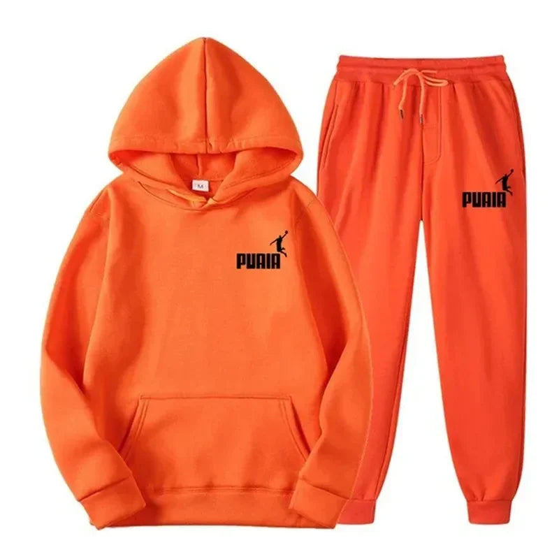 Autumn and winter new men's sportswear set, outdoor cycling windproof and warm men's hooded sweatshirt + pants 2-piece set