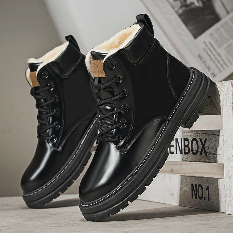 Men's High-Top Boots with Plush Lining, Thick and Warm Interior for Cold Weather Protection, Thick Non-Slip and Wear-Resistant Soles, Rugged Workwear Style, Warm and Stylish for Autumn and Winter Outings, Suitable for Various