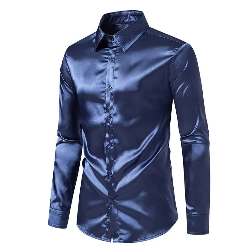 Bright face shirt, men's long sleeved autumn and winter men's clothing, satin nightclub style, solid color trend, men's trend
