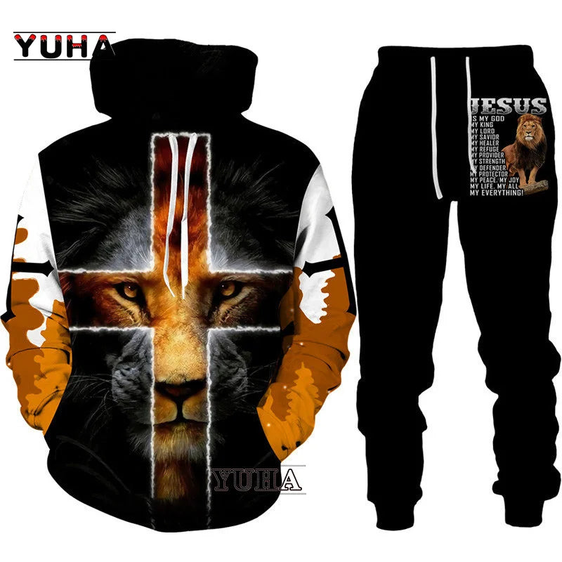 Two Piece Set Christian Bible Faith Jesus God Men's Hoodie/Suit Cool 3D Lion Printed Streetwear Couple Clothes Jogging Tracksuit