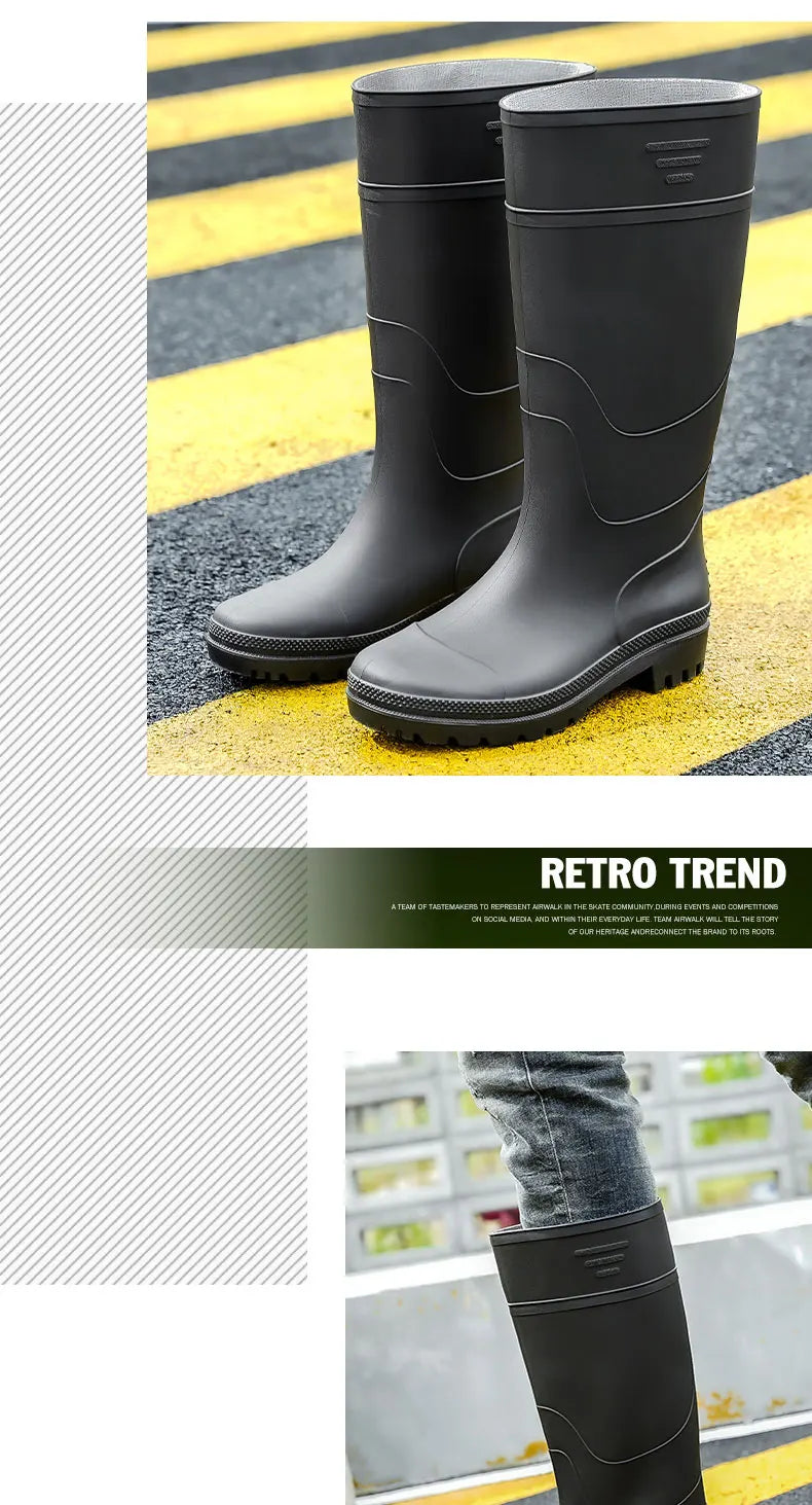 Men's High-Top Rain Boots, Black, Non-Slip, Waterproof, Wear-Resistant, Outdoor Boating, Fishing, Long-Tube Water Shoes, Farm Work Rain Boots