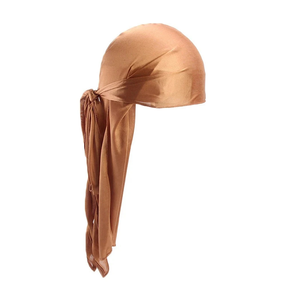Men's Silky Turban Head Wrap Hat Wig For Men Women Satin Couple Biker Headwear Headband Hair Accessories Extra Long Tail