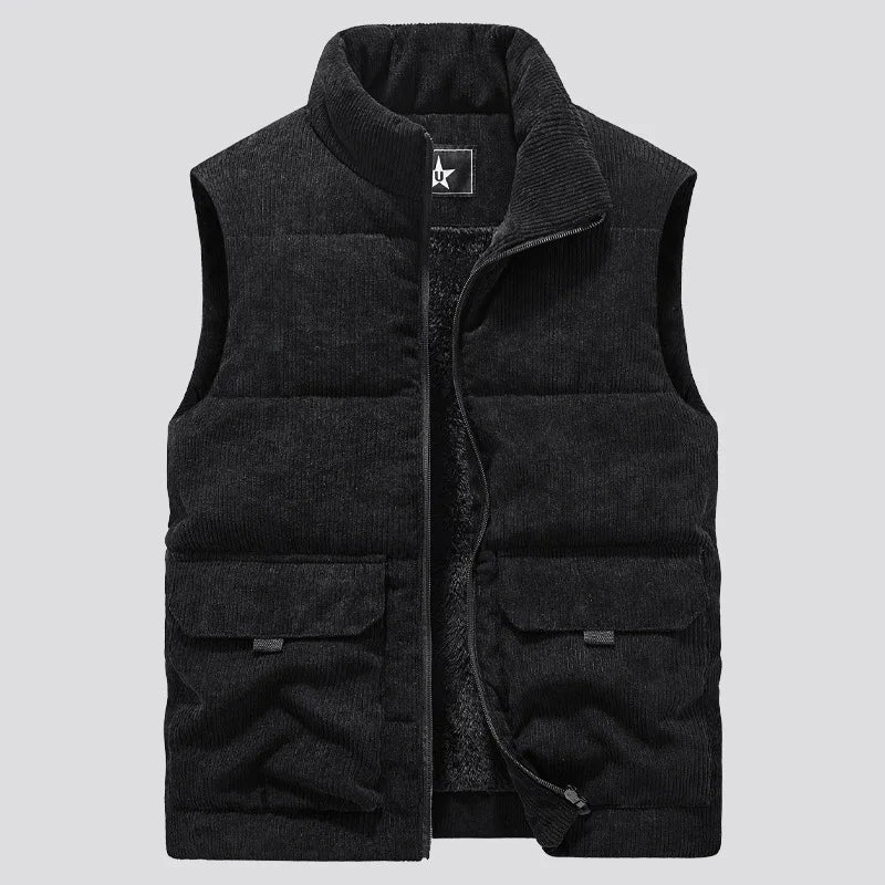 6XL Men's Corduroy Vest Zip Up Fleece Lined Sleeveless Jacket Male Thick Autumn Warm Winter Casual Outside Work Brown Waistcoat