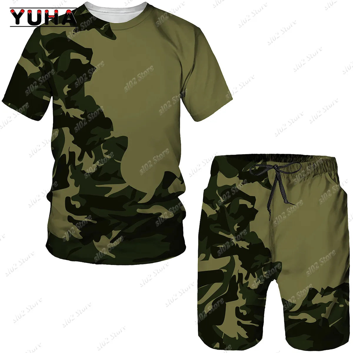 YUHA Summer Camouflage Tees/Shorts/Suits Men's T Shirt Shorts Tracksuit Sport Style Outdoor Camping Hunting Casual Mens Clo