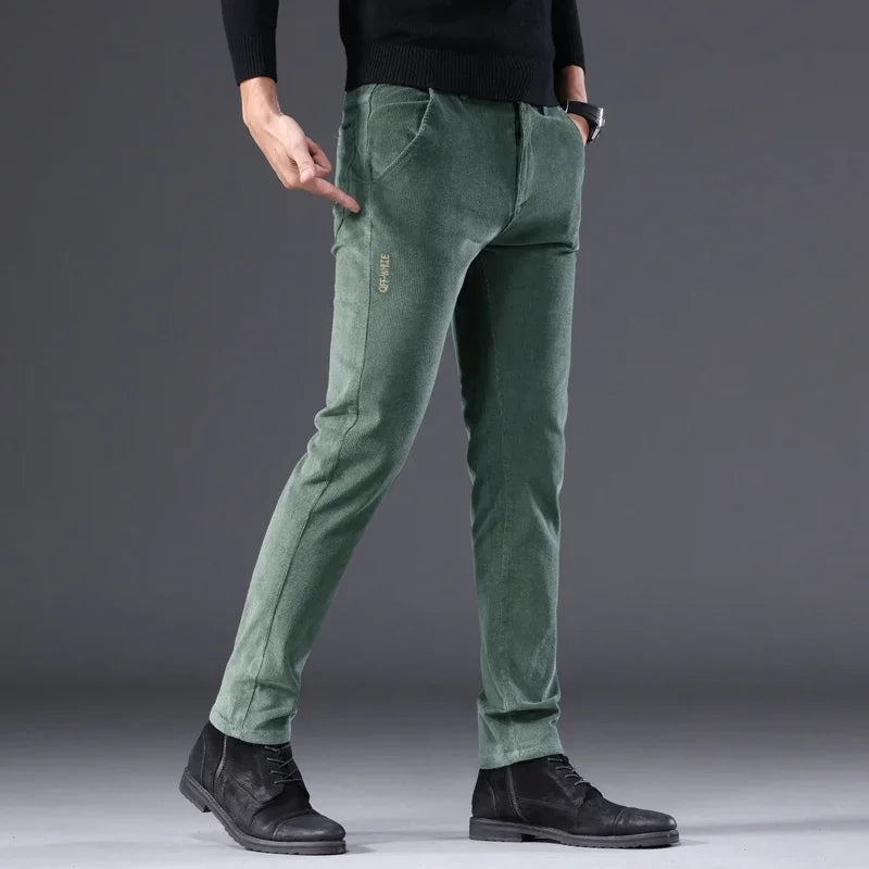 Men's Solid Straight Leg Corduroy Fabric Casual Pants Male Army-green Coffee Office Pants Stylish Youth Autumn Winter Trousers