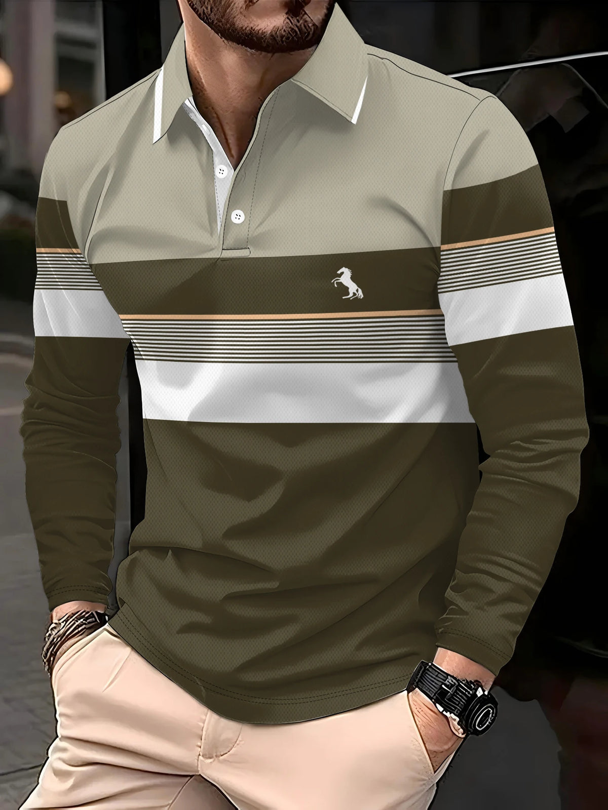 Men's Polo shirts for autumn and winter with fashionable buttons featuring daily stripe patterns long-sleeved Polo shirts