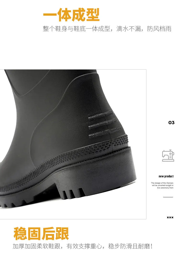 Men's High-Top Rain Boots, Black, Non-Slip, Waterproof, Wear-Resistant, Outdoor Boating, Fishing, Long-Tube Water Shoes, Farm Work Rain Boots