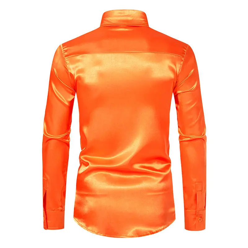 Bright face shirt, men's long sleeved autumn and winter men's clothing, satin nightclub style, solid color trend, men's trend