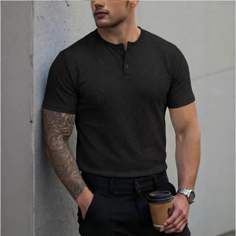 Men's Polo Shirt with Henley Collar, Short-Sleeved T-Shirt, Summer Casual Button-Down Placket Street Style Base Layer, S-3XL.