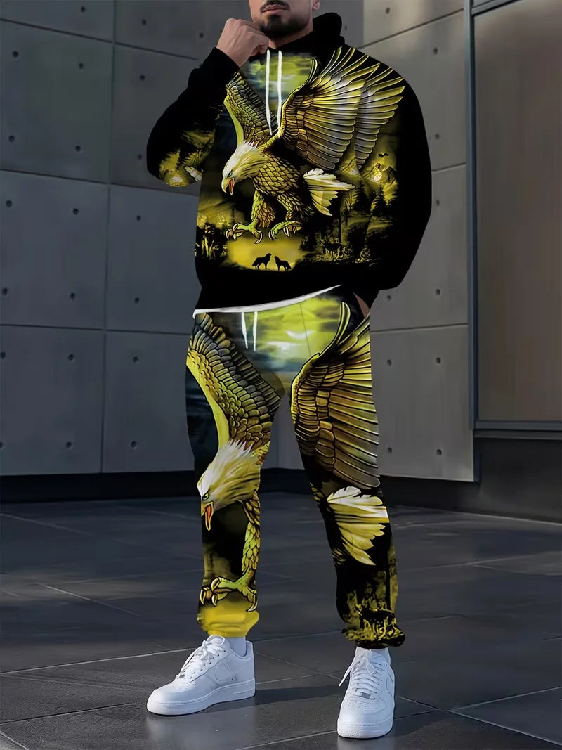 Men's 3D Eagle Print Tracksuit Outfits Street Fashion Hoodies Pants 2-Piece Set Autumn/Winter Casual Sweatshirt Sweatpants Suits