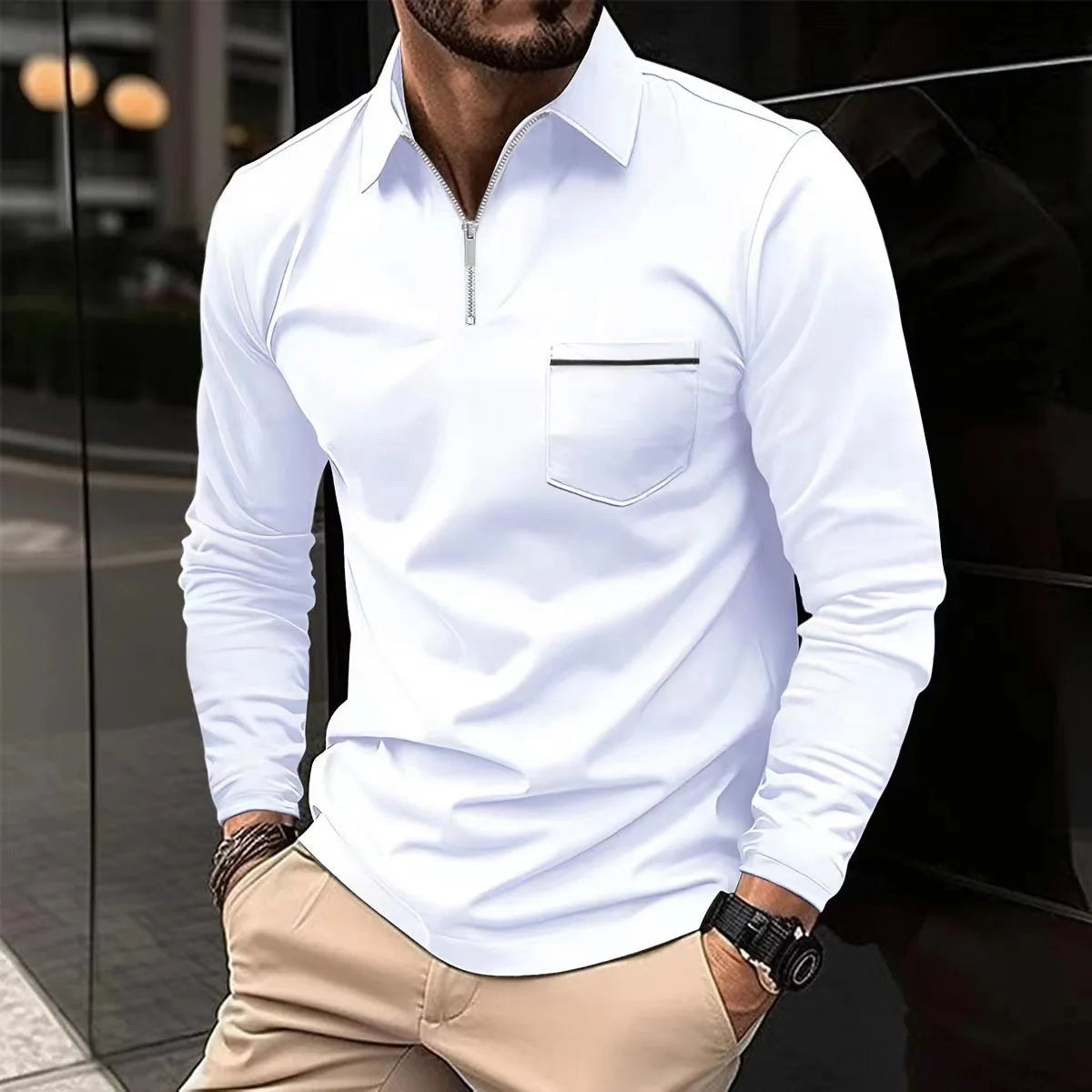 Men Long Sleeve Polo Shirt With Zipper Pocket Lapel Solid Color Casual Sports Tops Spring Autumn European American Male Clothing