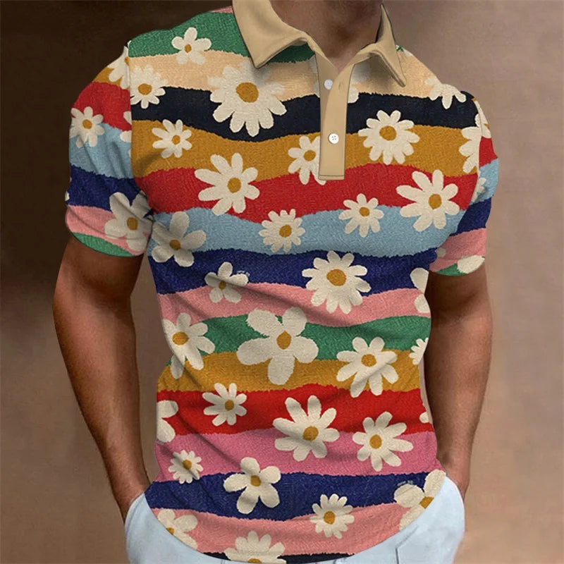 Men's Polo Shirt Summer Casual Short Sleeve Flower Print Buttons Polo Shirts Tops Fashion Pullover Tshirts Male Golf Wear