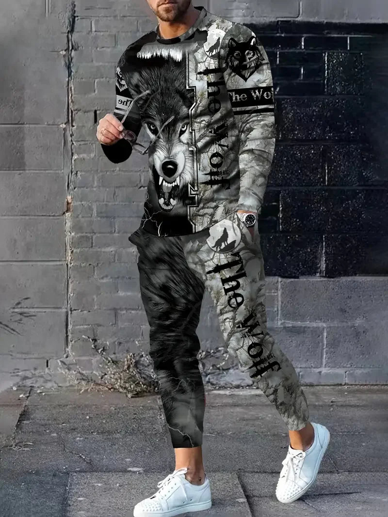 Wolf 3d Printed Tshirt +Pants Suit Male Autumn and Winter Casual tshirt Pullover Men Tracksuit Set Fashion Men's Clothing Suit
