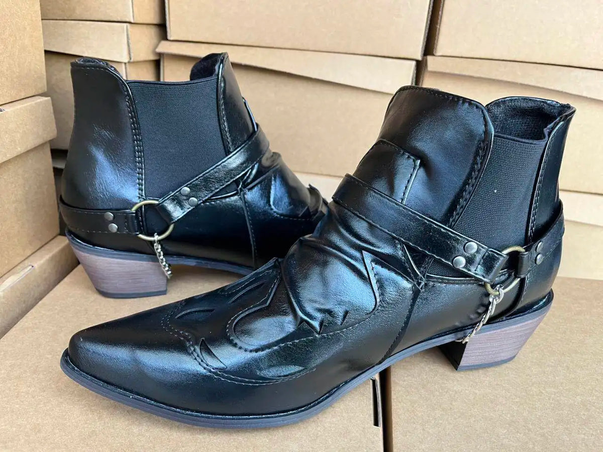 Handmade Men's Boots Vintage Cowboy Boots Leather High Top Casual Shoes Buckle Strap Punk Shoes Pointed Toe Men Motorcycle Boots