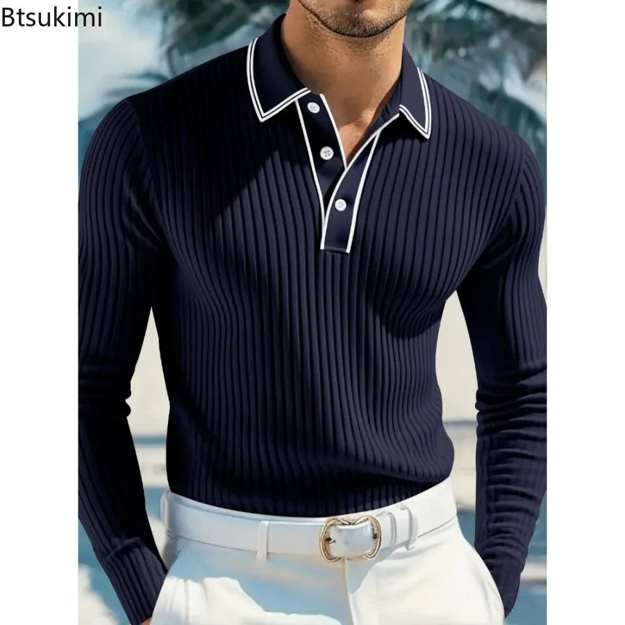 New Men's Long Sleeve Knitted Polo Shirt Classic Cotton Knit with Button Placket Business Casual & Golf Top Spring Autumn Shirts