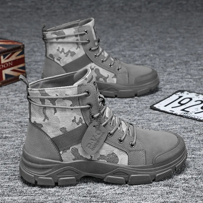 Men's Shoes Camouflage High Top Work Boots New Comfortable Sneakers Men Outdoor Hiking Shoes Men Non-Slip Lace-Up Platform Boots