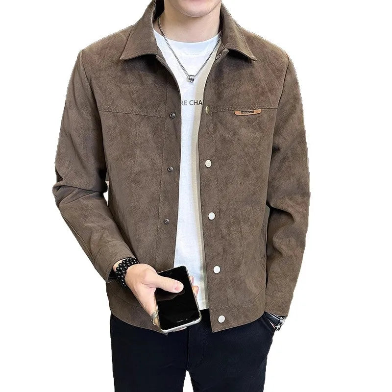 Men Jacket Spring Autumn American Retro Slim Turn Down Collar Long Sleve Male Outerwear Single-breasted Versatile Man Coat