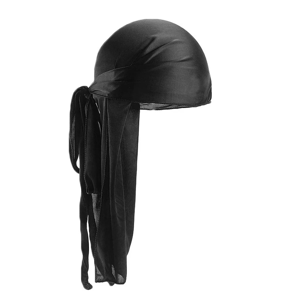 Men's Silky Turban Head Wrap Hat Wig For Men Women Satin Couple Biker Headwear Headband Hair Accessories Extra Long Tail
