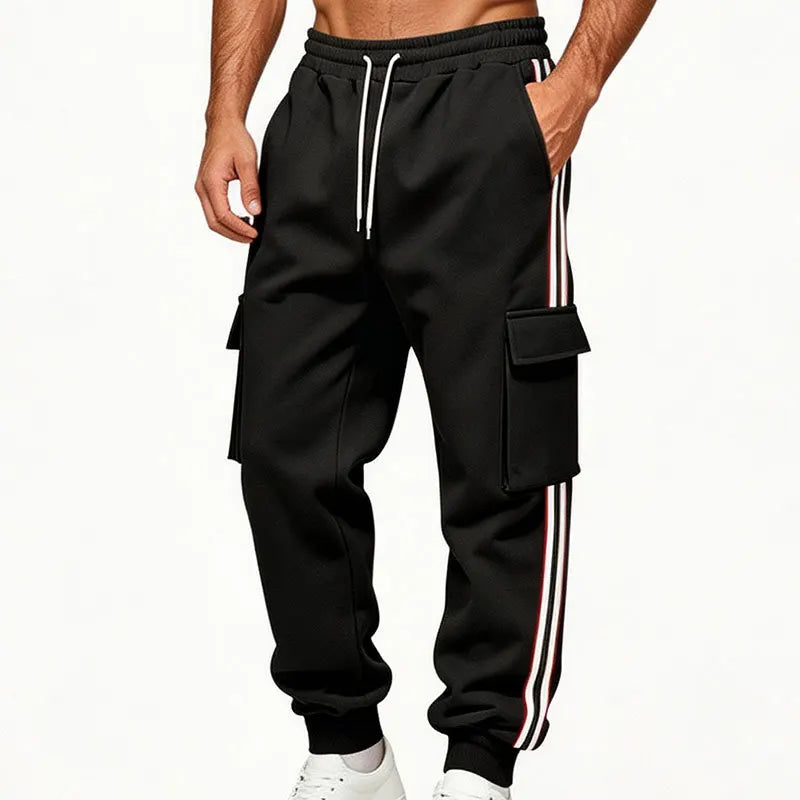 Men Striped Cargo Joggers Multi Pocket Drawstring Elastic Waist Sweatpants Hip Hop Streetwear Loose Fit Sports Casual Pants
