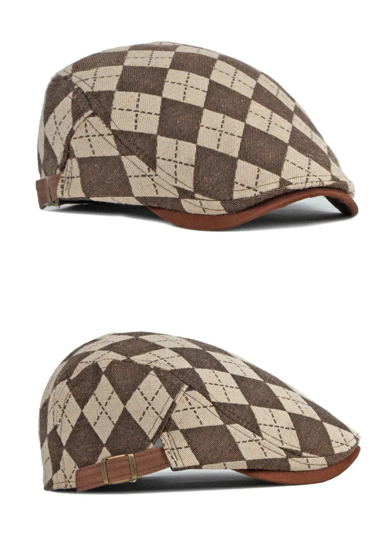 Spring Fall Men's Beret Hat Retro Plaid Herringbone Cap Forward Flat Peaked Cap Women Dailywear Sunshade Cabbie Driving Hat