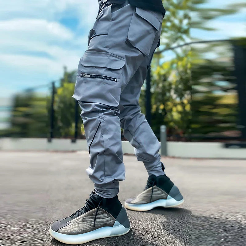 Men's Gym Joggers Stretch Casual Sweatpants Fitness Track Pants Multi-Pocket Cargo Hip Hop Streetwear Reflective Sports Trousers