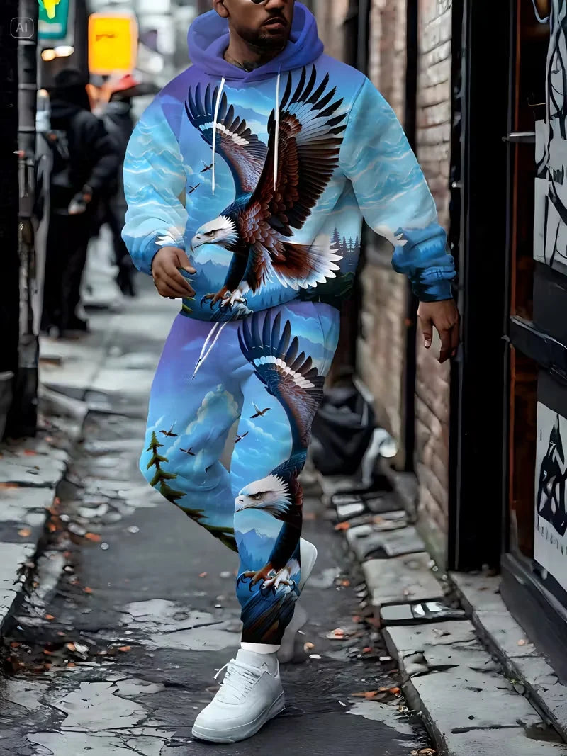 Men's 3D Eagle Print Tracksuit Outfits Street Fashion Hoodies Pants 2-Piece Set Autumn/Winter Casual Sweatshirt Sweatpants Suits