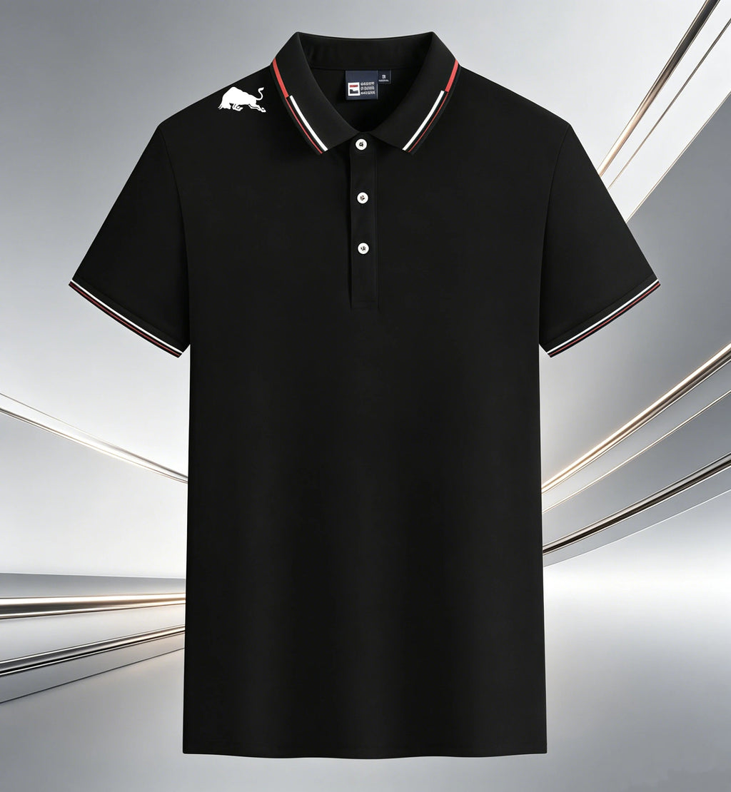 Men Black Polo Shirts Red White Striped Collar Cuff With Shoulder Bull Print Breathable Golf Tops