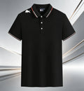 Men Black Polo Shirts Red White Striped Collar Cuff With Shoulder Bull Print Breathable Golf Tops